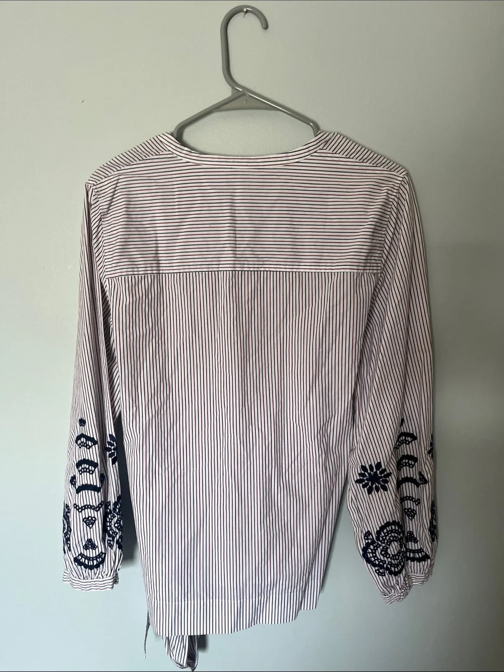 J. Crew Pink and White Striped Tie-Waist Blouse with Navy Embroidery